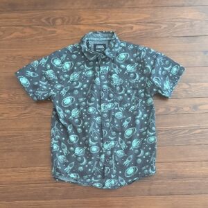 Boys Black Short-Sleeve Button-Down Shirt with Space Print